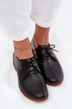 Skórzane Półbuty Damskie Eleganckie Sznurowane Zazoo 4238 Czarne