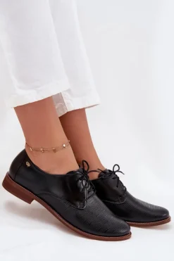 Skórzane Półbuty Damskie Eleganckie Sznurowane Zazoo 4238 Czarne