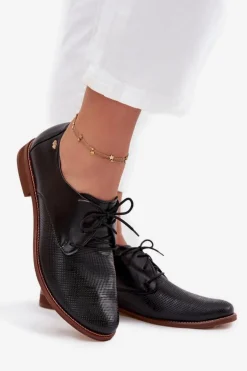 Skórzane Półbuty Damskie Eleganckie Sznurowane Zazoo 4238 Czarne