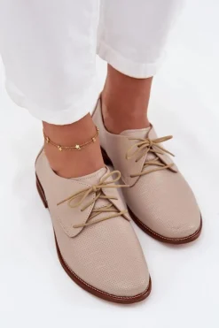 Skórzane Półbuty Damskie Eleganckie Sznurowane Zazoo 4238 Beżowe