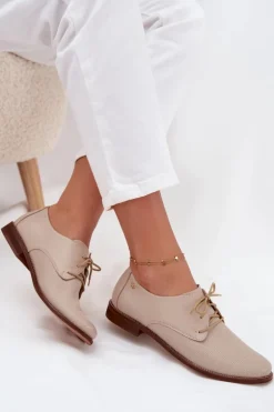 Skórzane Półbuty Damskie Eleganckie Sznurowane Zazoo 4238 Beżowe