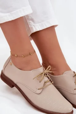 Skórzane Półbuty Damskie Eleganckie Sznurowane Zazoo 4238 Beżowe