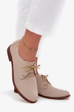 Skórzane Półbuty Damskie Eleganckie Sznurowane Zazoo 4238 Beżowe