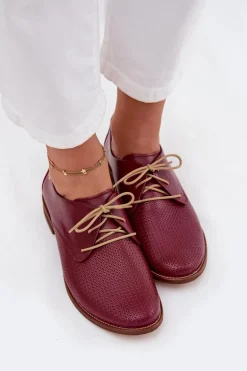 Skórzane Półbuty Damskie Eleganckie Sznurowane Zazoo 4238 Bordowe