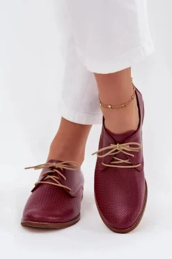 Skórzane Półbuty Damskie Eleganckie Sznurowane Zazoo 4238 Bordowe