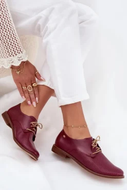 Skórzane Półbuty Damskie Eleganckie Sznurowane Zazoo 4238 Bordowe
