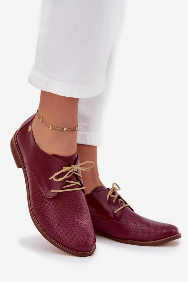 Skórzane Półbuty Damskie Eleganckie Sznurowane Zazoo 4238 Bordowe