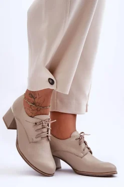 Skórzane Półbuty Damskie Na Obcasie Beżowe Keria