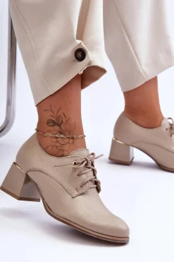 Skórzane Półbuty Damskie Na Obcasie Beżowe Keria