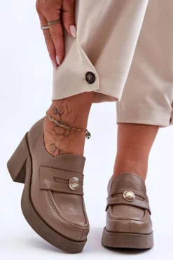 Skórzane Półbuty Damskie Na Słupku Ciemnobeżowe Lemar Dunadia