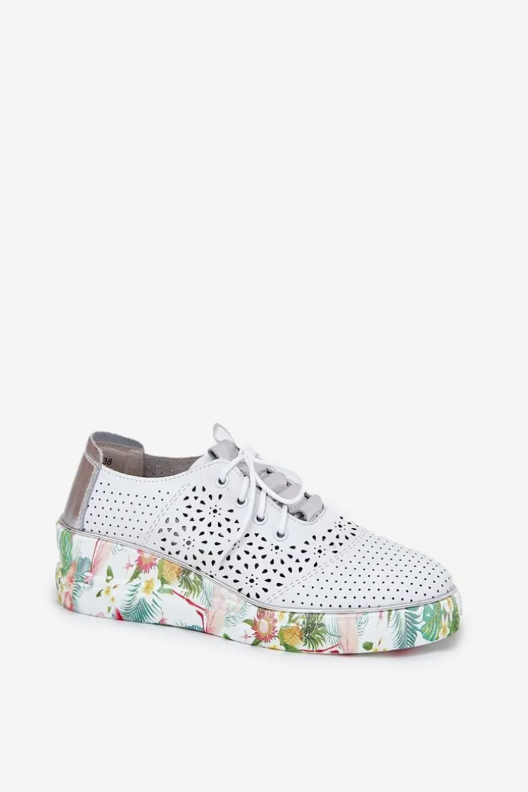 Skórzane Półbuty Damskie Na Koturnie Artiker 56C1799 Biało-Srebrne