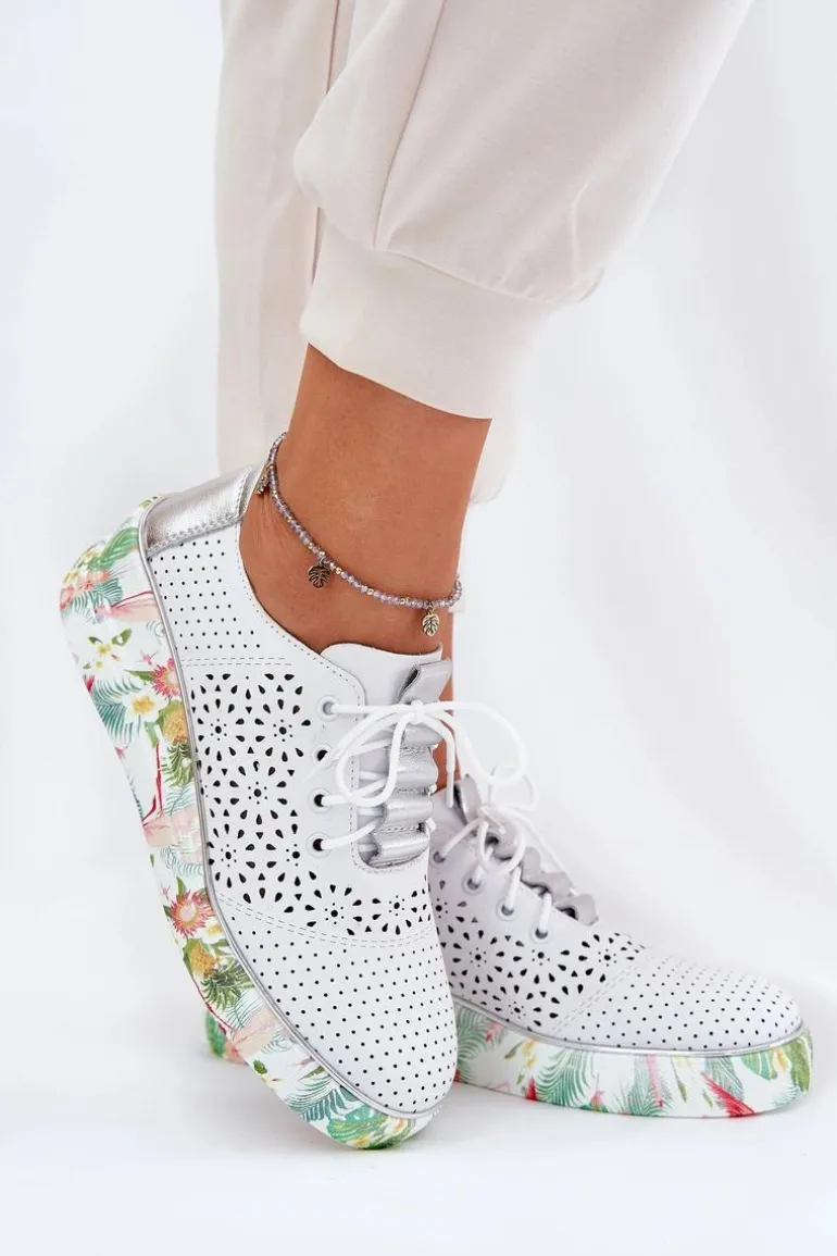 Skórzane Półbuty Damskie Na Koturnie Artiker 56C1799 Biało-Srebrne