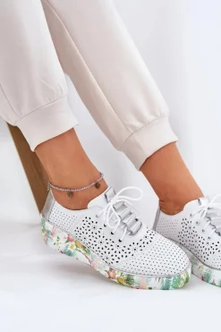 Skórzane Półbuty Damskie Na Koturnie Artiker 56C1799 Biało-Srebrne