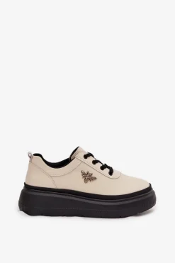 Skórzane Półbuty Damskie Na Platformie Z Przypinką Vinceza 41495 Beżowe