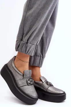 Skórzane Półbuty Damskie Na Platformie Z Ozdobą Laura Messi 2697/810 Srebrne