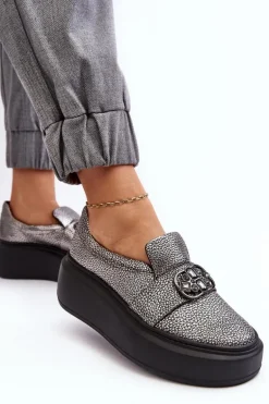 Skórzane Półbuty Damskie Na Platformie Z Ozdobą Laura Messi 2697/810 Srebrne