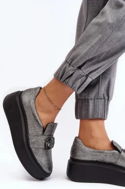 Skórzane Półbuty Damskie Na Platformie Z Ozdobą Laura Messi 2697/810 Srebrne