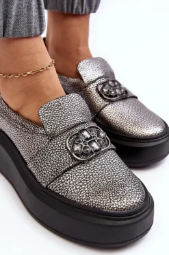 Skórzane Półbuty Damskie Na Platformie Z Ozdobą Laura Messi 2697/810 Srebrne