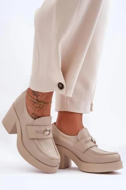 Skórzane Półbuty Damskie Na Słupku Beżowe Lemar Dunadia