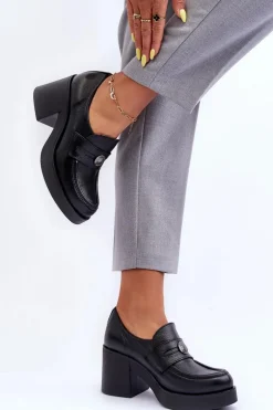 Skórzane Półbuty Damskie Na Słupku Czarne Lemar Dunadia