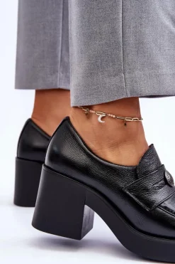 Skórzane Półbuty Damskie Na Słupku Czarne Lemar Dunadia