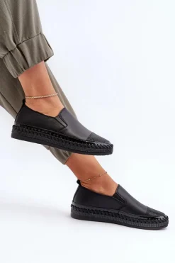 Skórzane Półbuty Damskie Na Platformie Czarne D&A LR370