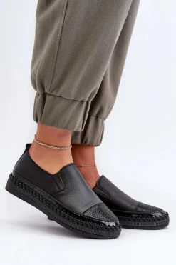 Skórzane Półbuty Damskie Na Platformie Czarne D&A LR370