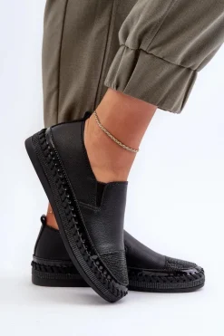 Skórzane Półbuty Damskie Na Platformie Czarne D&A LR370