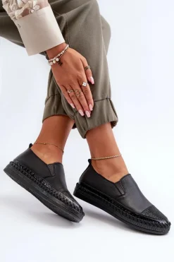 Skórzane Półbuty Damskie Na Platformie Czarne D&A LR370