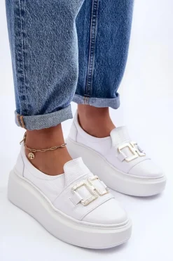 Skórzane Półbuty Damskie Na Platformie Białe Lewski 3398/2
