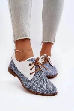 Skórzane Półbuty Damskie Na Płaskim Obcasie Maciejka 06461-17 Niebieskie