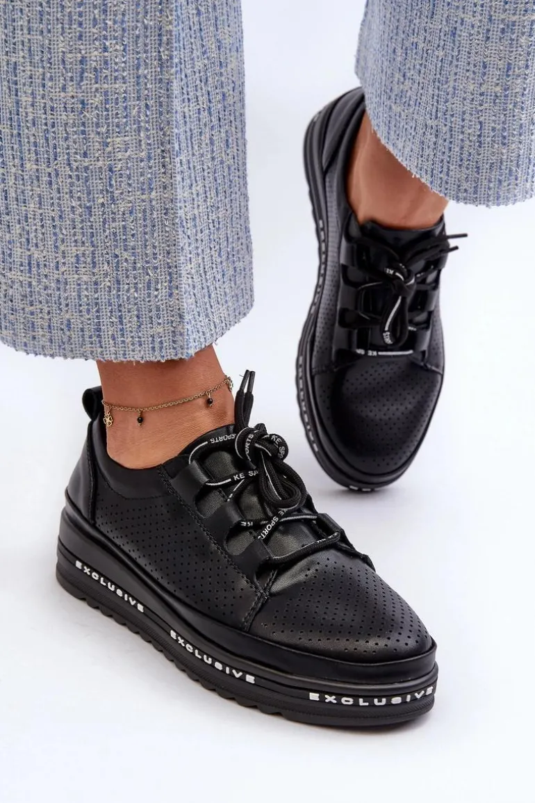 Skórzane Półbuty Damskie Na Platformie S.Barski LR769A Czarne