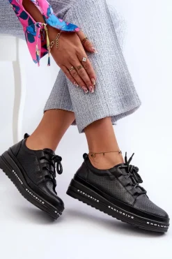 Skórzane Półbuty Damskie Na Platformie S.Barski LR769A Czarne