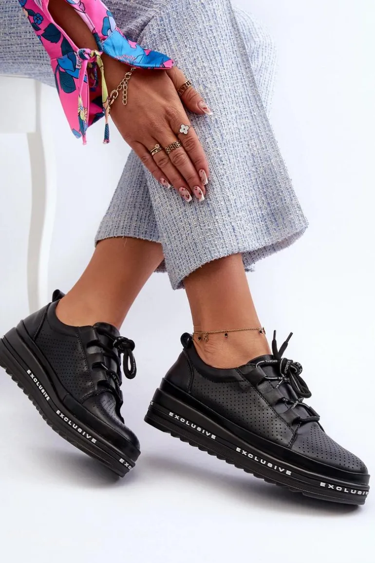 Skórzane Półbuty Damskie Na Platformie S.Barski LR769A Czarne