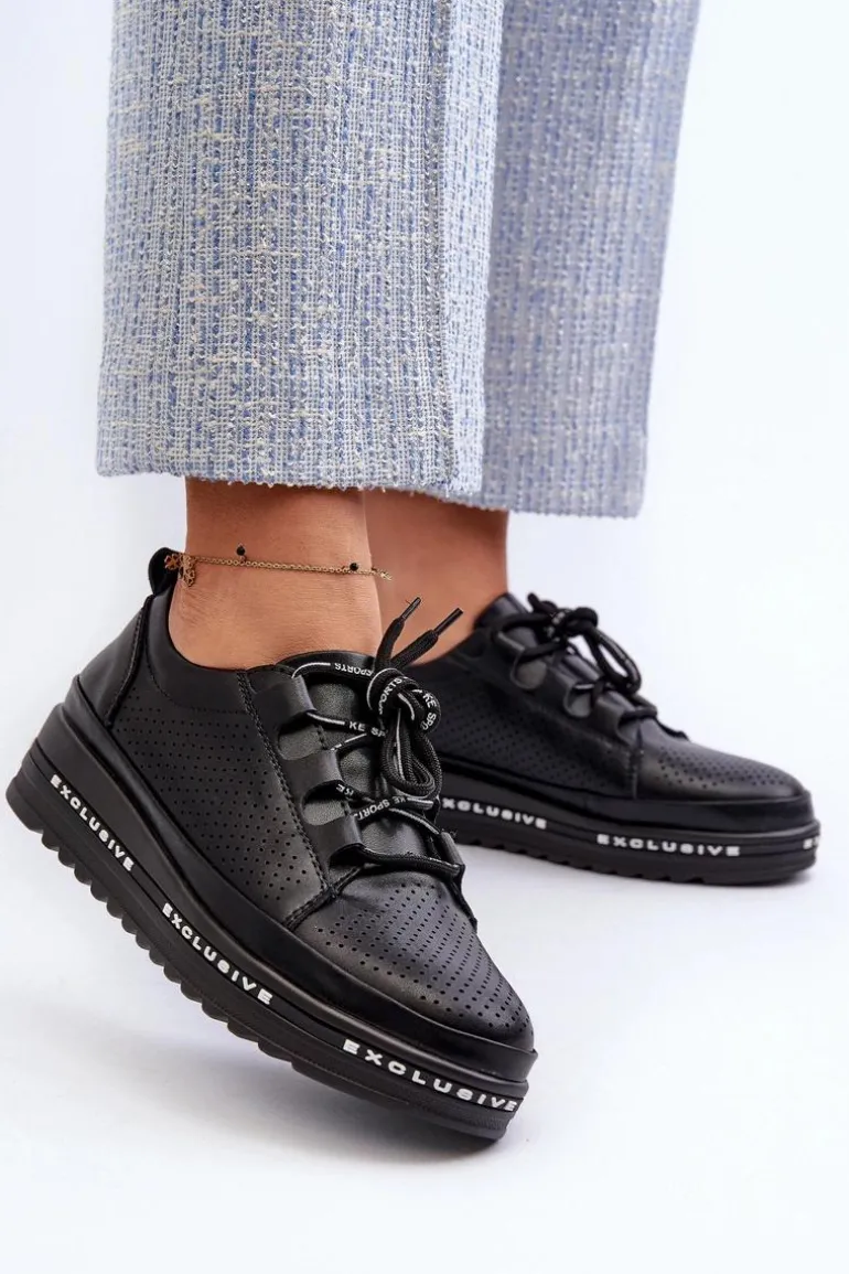 Skórzane Półbuty Damskie Na Platformie S.Barski LR769A Czarne