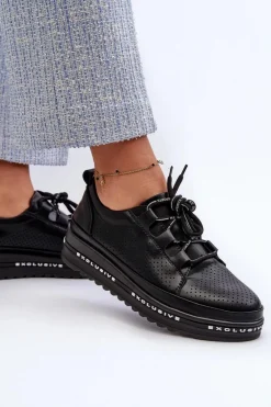 Skórzane Półbuty Damskie Na Platformie S.Barski LR769A Czarne