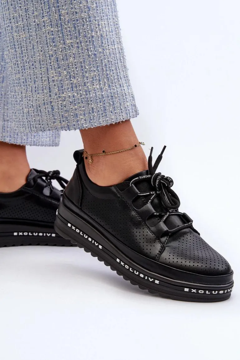 Skórzane Półbuty Damskie Na Platformie S.Barski LR769A Czarne