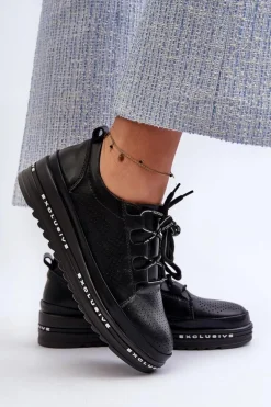 Skórzane Półbuty Damskie Na Platformie S.Barski LR769A Czarne