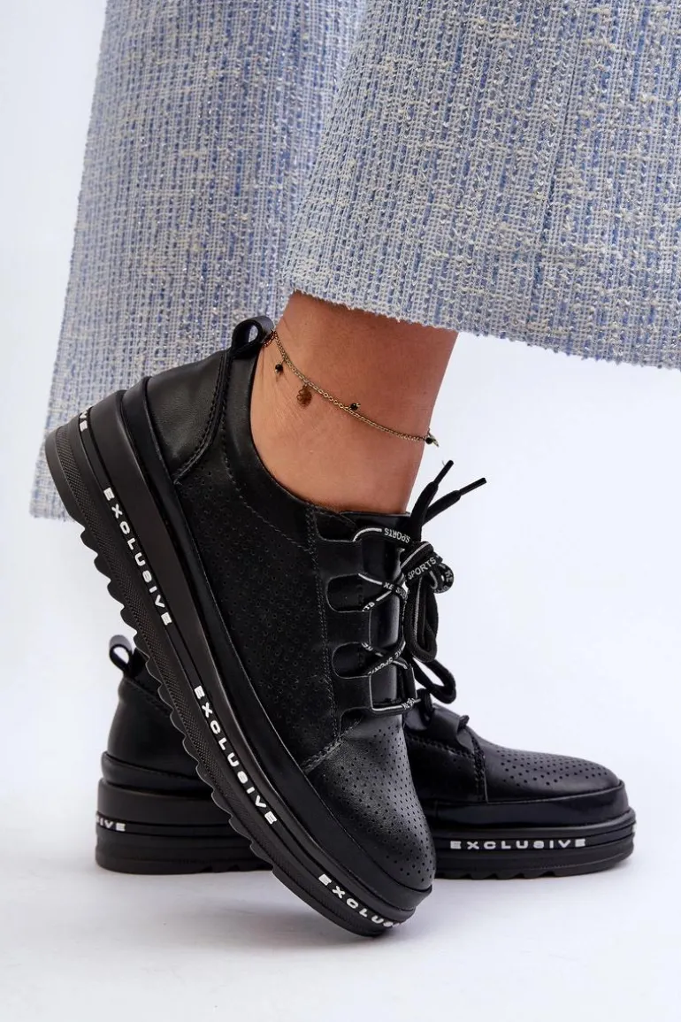 Skórzane Półbuty Damskie Na Platformie S.Barski LR769A Czarne