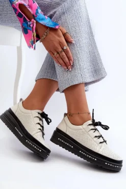 Skórzane Półbuty Damskie Na Platformie S.Barski LR769A Beżowe