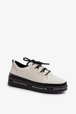 Skórzane Półbuty Damskie Na Platformie S.Barski LR769A Beżowe