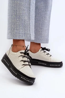 Skórzane Półbuty Damskie Na Platformie S.Barski LR769A Beżowe