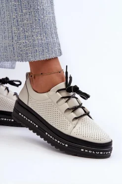 Skórzane Półbuty Damskie Na Platformie S.Barski LR769A Beżowe