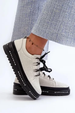 Skórzane Półbuty Damskie Na Platformie S.Barski LR769A Beżowe