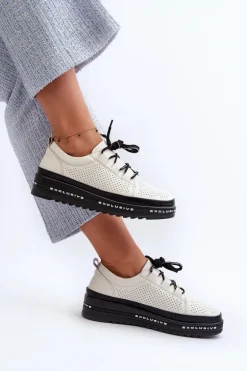 Skórzane Półbuty Damskie Na Platformie S.Barski LR769A Beżowe