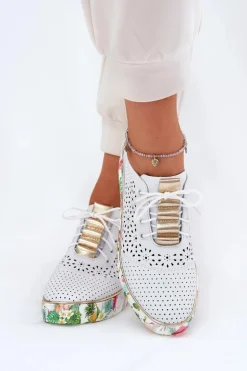 Skórzane Półbuty Damskie Na Koturnie Artiker 56C1800 Biało-Złote