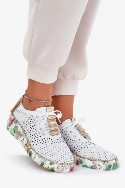 Skórzane Półbuty Damskie Na Koturnie Artiker 56C1800 Biało-Złote