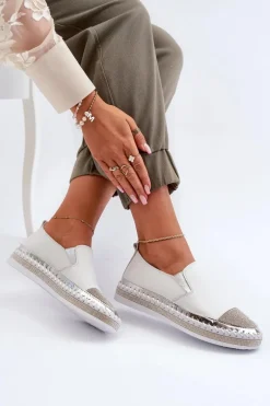 Skórzane Półbuty Damskie Na Platformie Białe D&A LR370