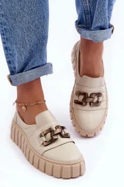 Skórzane Półbuty Damskie Na Platformie Z Ozdobą Beżowe Lewski 3398