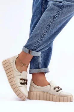 Skórzane Półbuty Damskie Na Platformie Z Ozdobą Beżowe Lewski 3398
